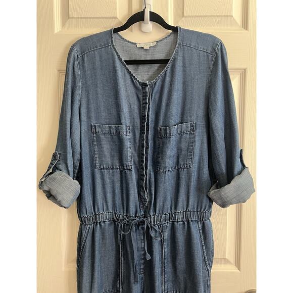 ANN TAYLOR LOFT Linen Blend Drawstring Waist Roll Tab Sleeve Denim Jumpsuit - Picture 9 of 14